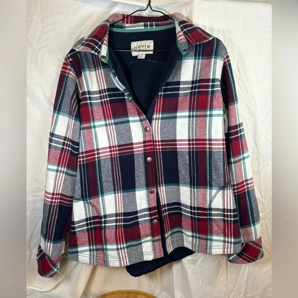 Women’s Orvis Blue red White Buffalo Plaid Shirt Jacket Sz XL Fleece Lined Snap